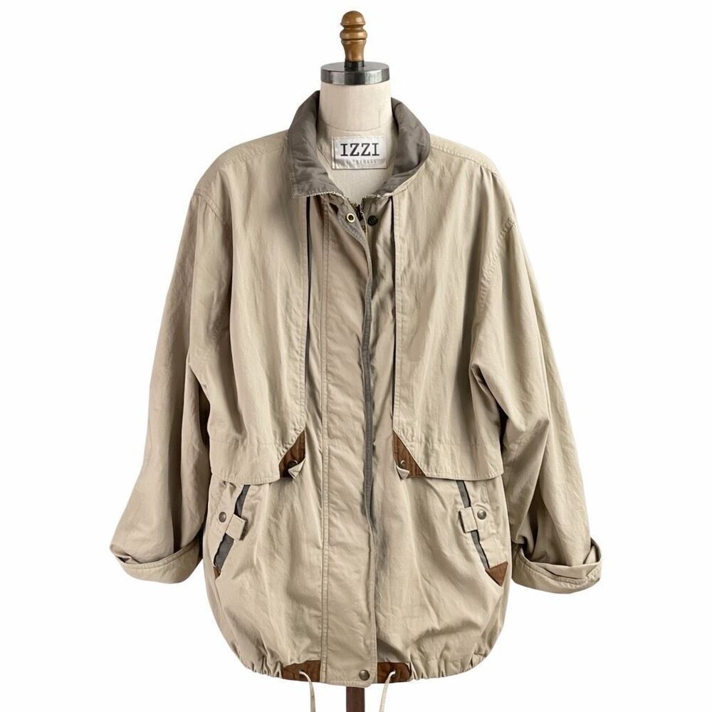 Vintage 90s IZZI Beige Utility Chore Jacket Oversized Lightweight Outerwear